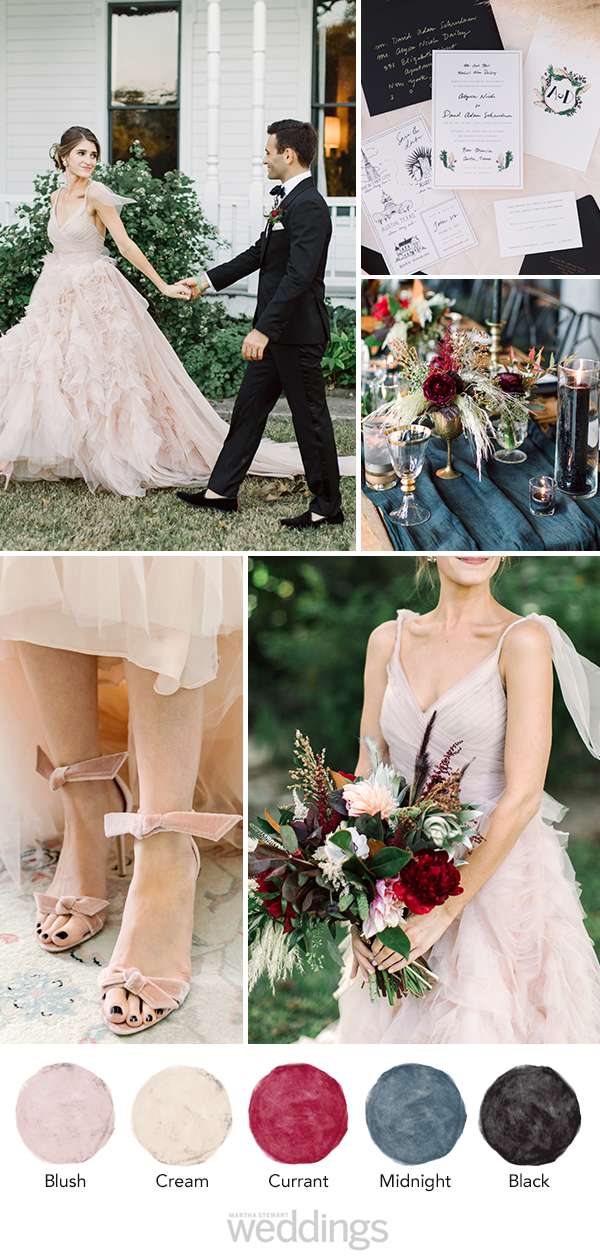 wedding color palette mood board blush, cream, currant, midnight, black