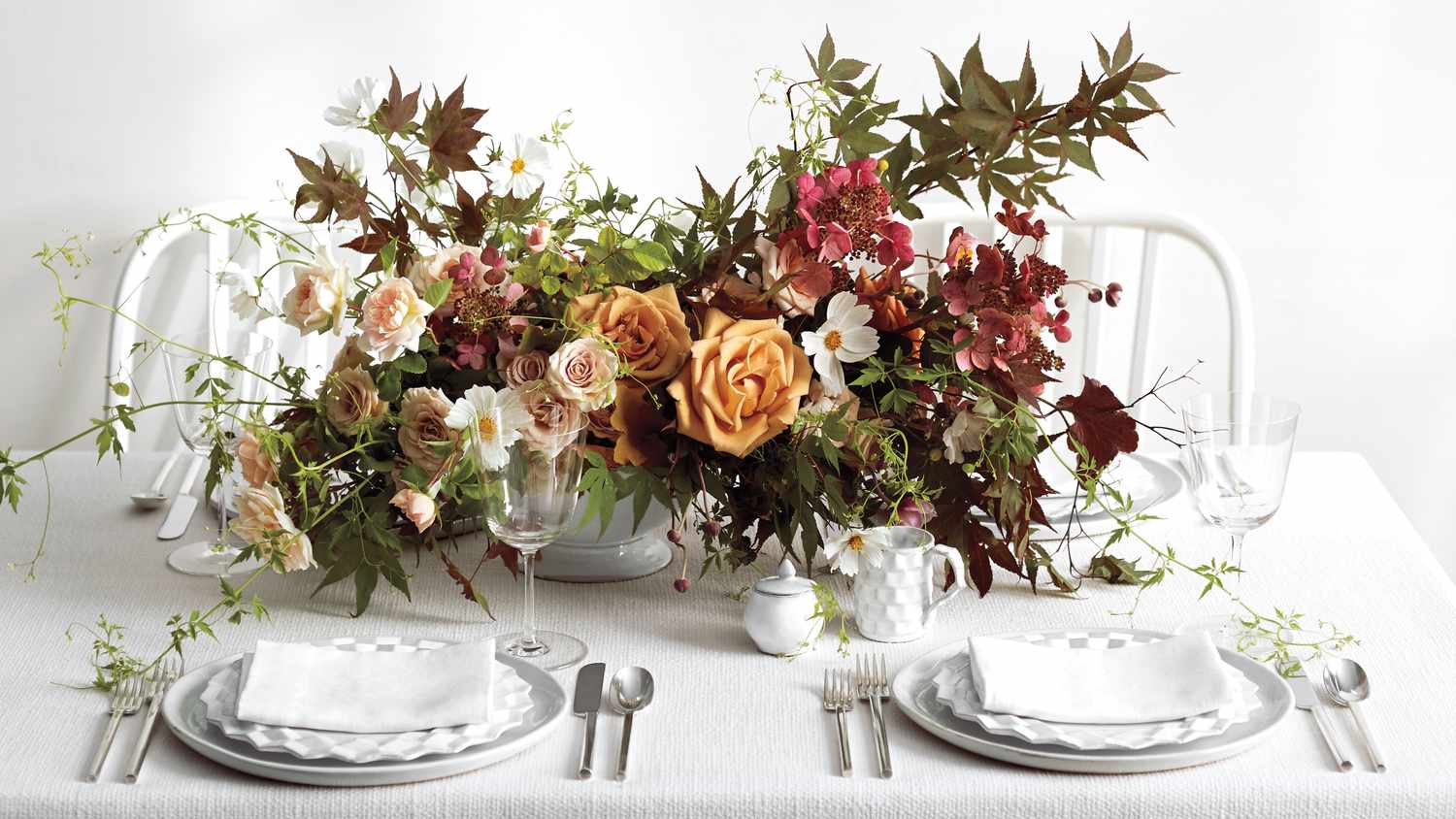 Thanksgiving fall centerpiece with roses and greenery