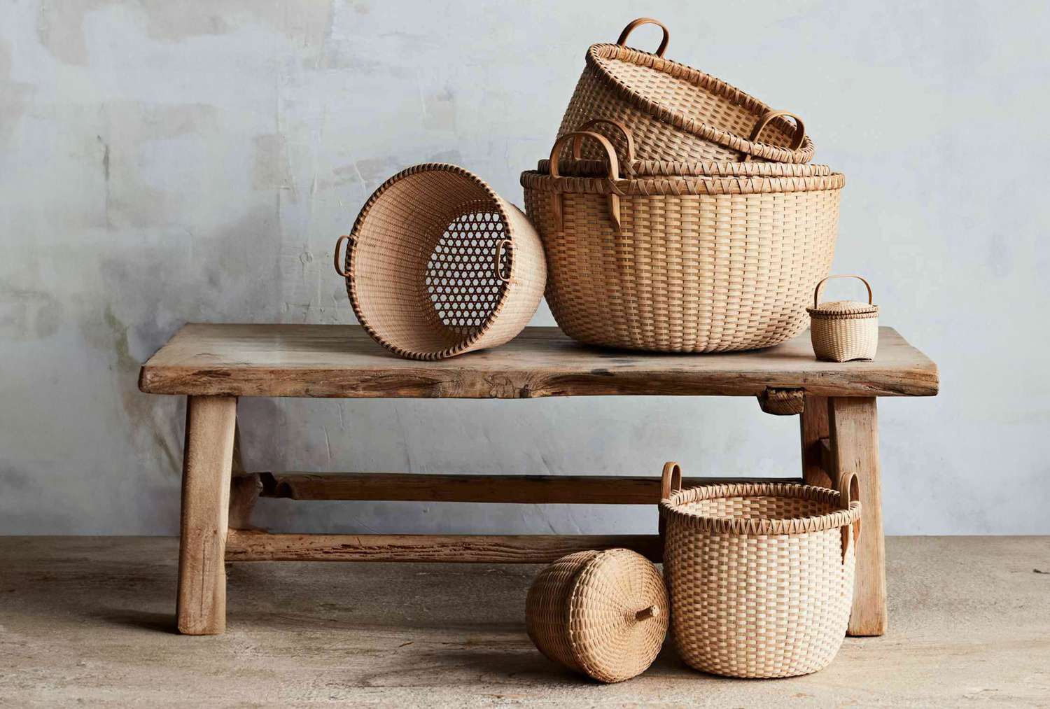 Woven baskets on bench