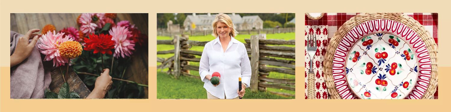 decorvow standing outdoors near a wooden fence holding produce flanked by images of flowers and a decorative plate