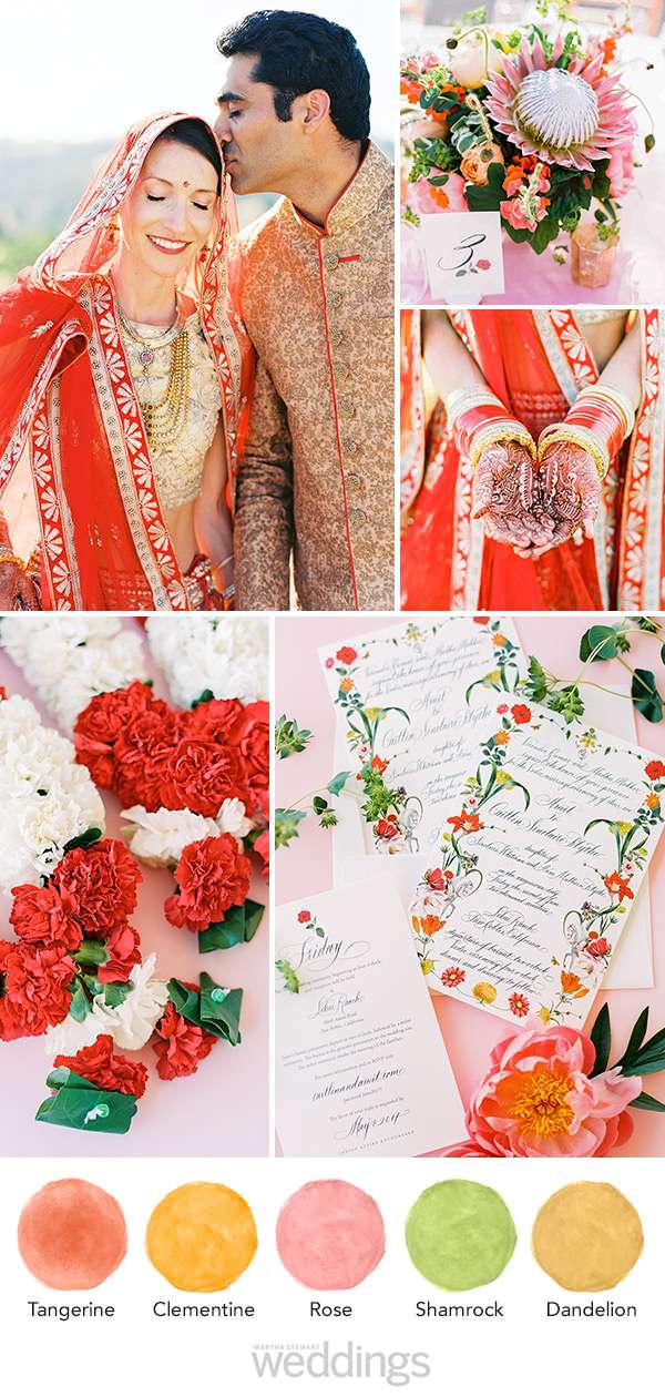 wedding color palette mood board tangerine, clementine, rose, shamrock, dandelion