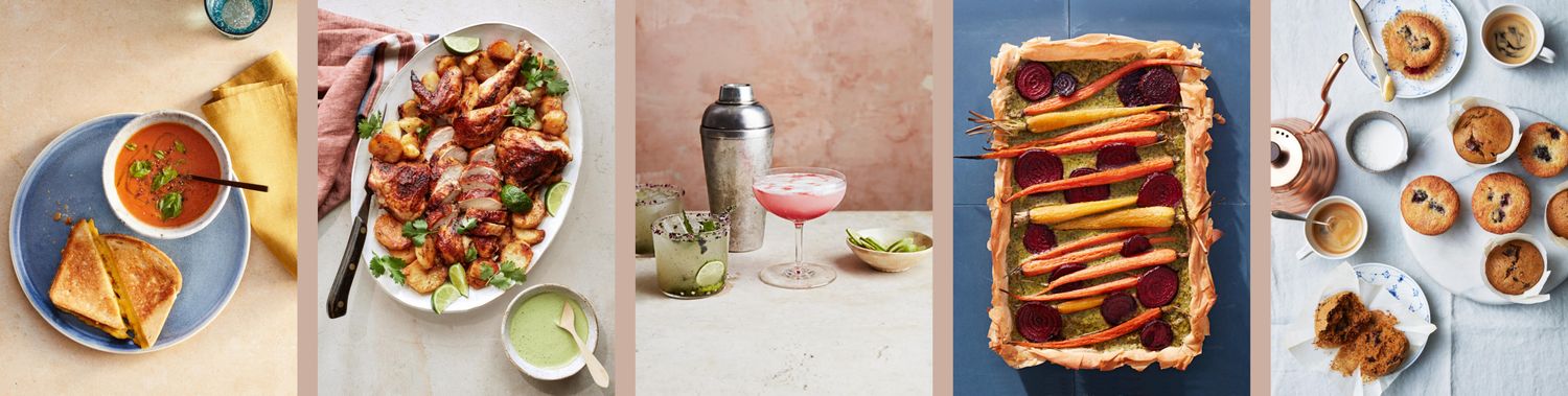 A collage featuring a grilled cheese with tomato soup roasted meat dish a cocktail setup a vegetable tart and muffins with coffee