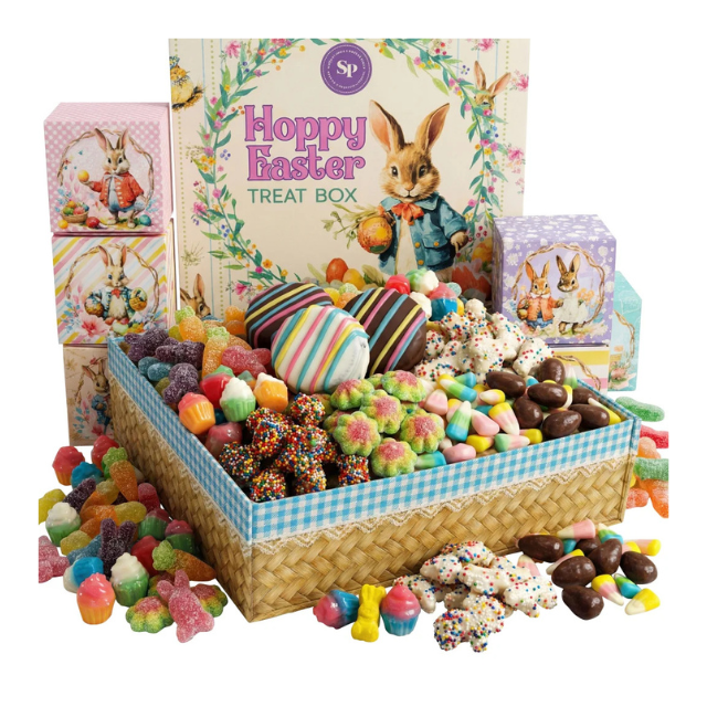 A collection of Easterthemed candies in a decorative basket with a bunny design and text Hoppy Easter Treat Box in the background
