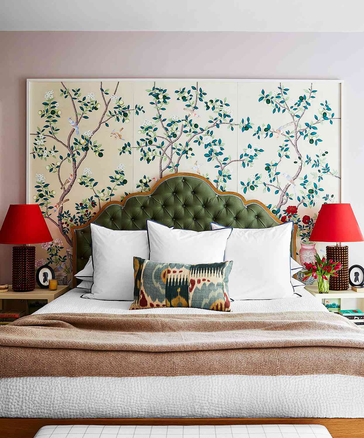 red, green and neutral toned master bedroom