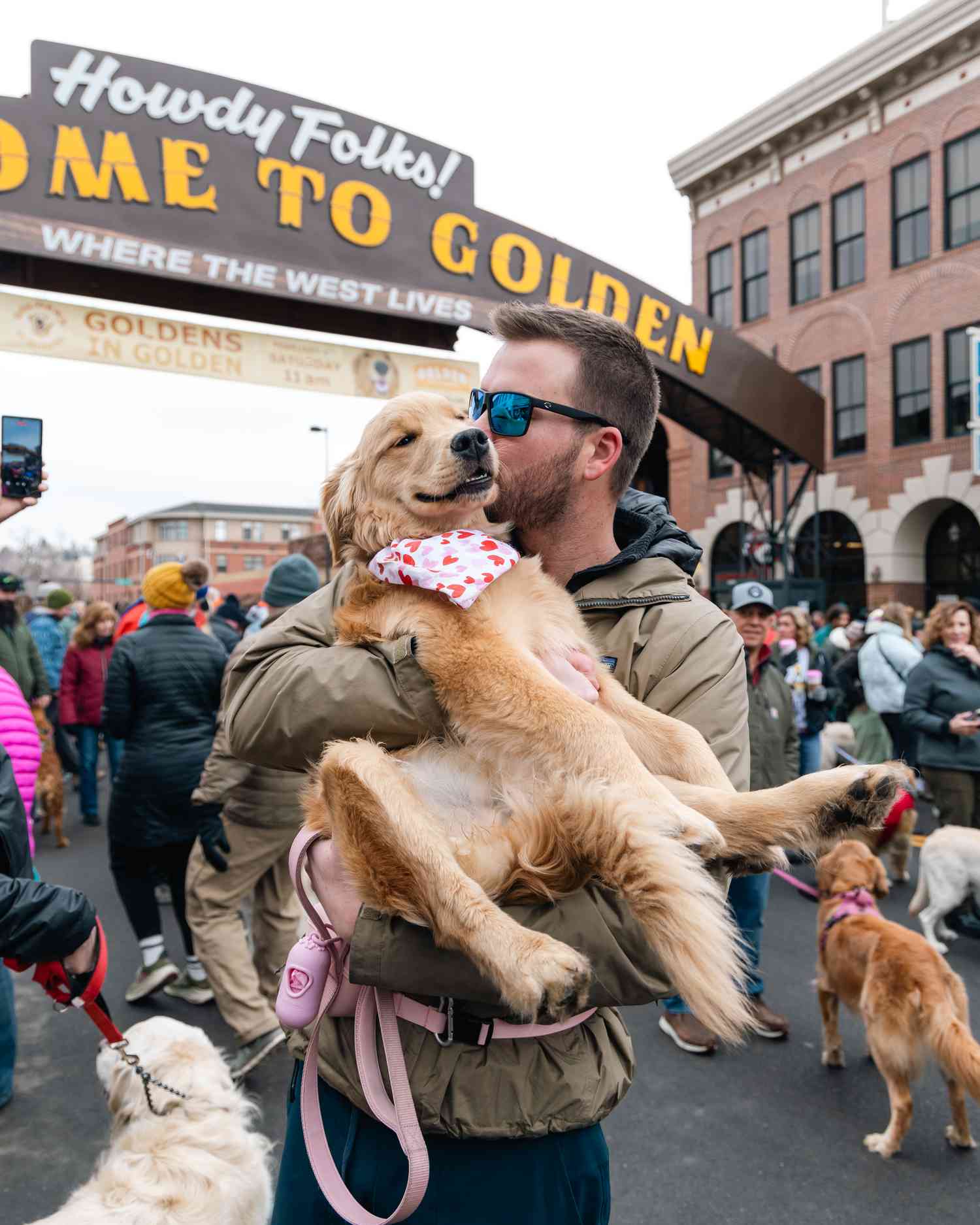 Golden Retriever being held and kissed by owner