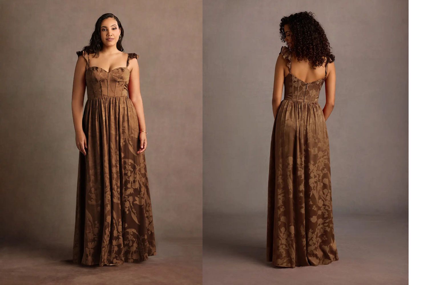 Two views of a woman wearing a long dress front and back perspectives on a neutral background
