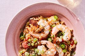cajun shrimp and rice in pink bowl