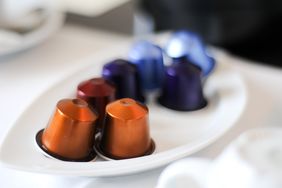 Coffee capsules arranged on a tray