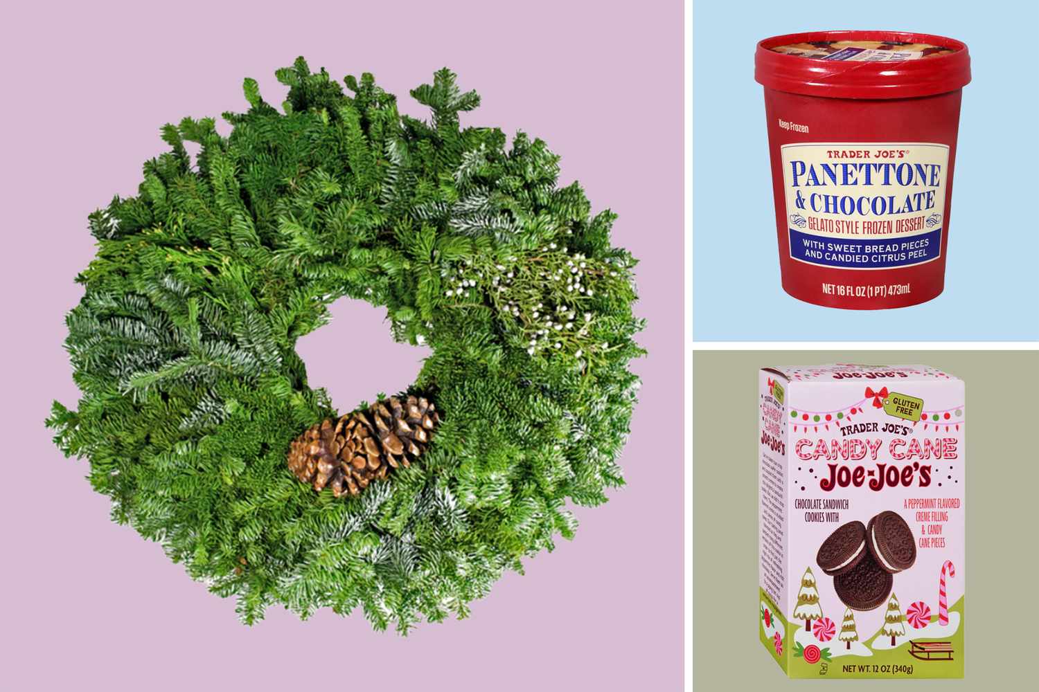 A wreath of greenery Trader Joes Panettone and Chocolate Ice Cream and Candy Cane JoeJoes cookies arranged on a pastel background