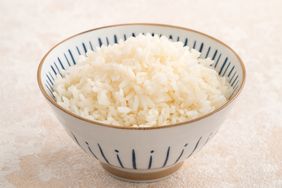 A bowl of rice in a decorative bowl