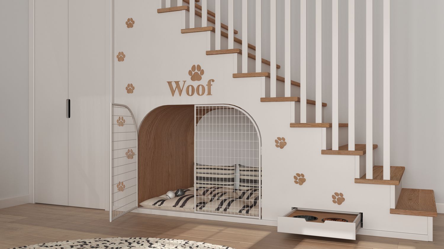 Dog bed area under the stairs