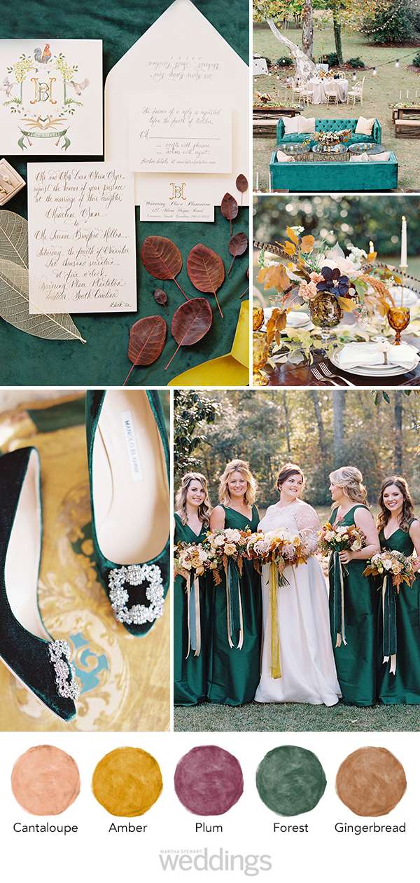 wedding color palette mood board cantaloupe, amber, plum, forest, gingerbread