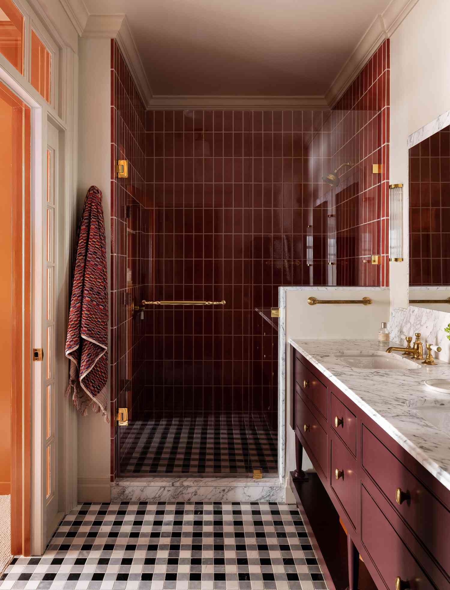 red walk-in shower