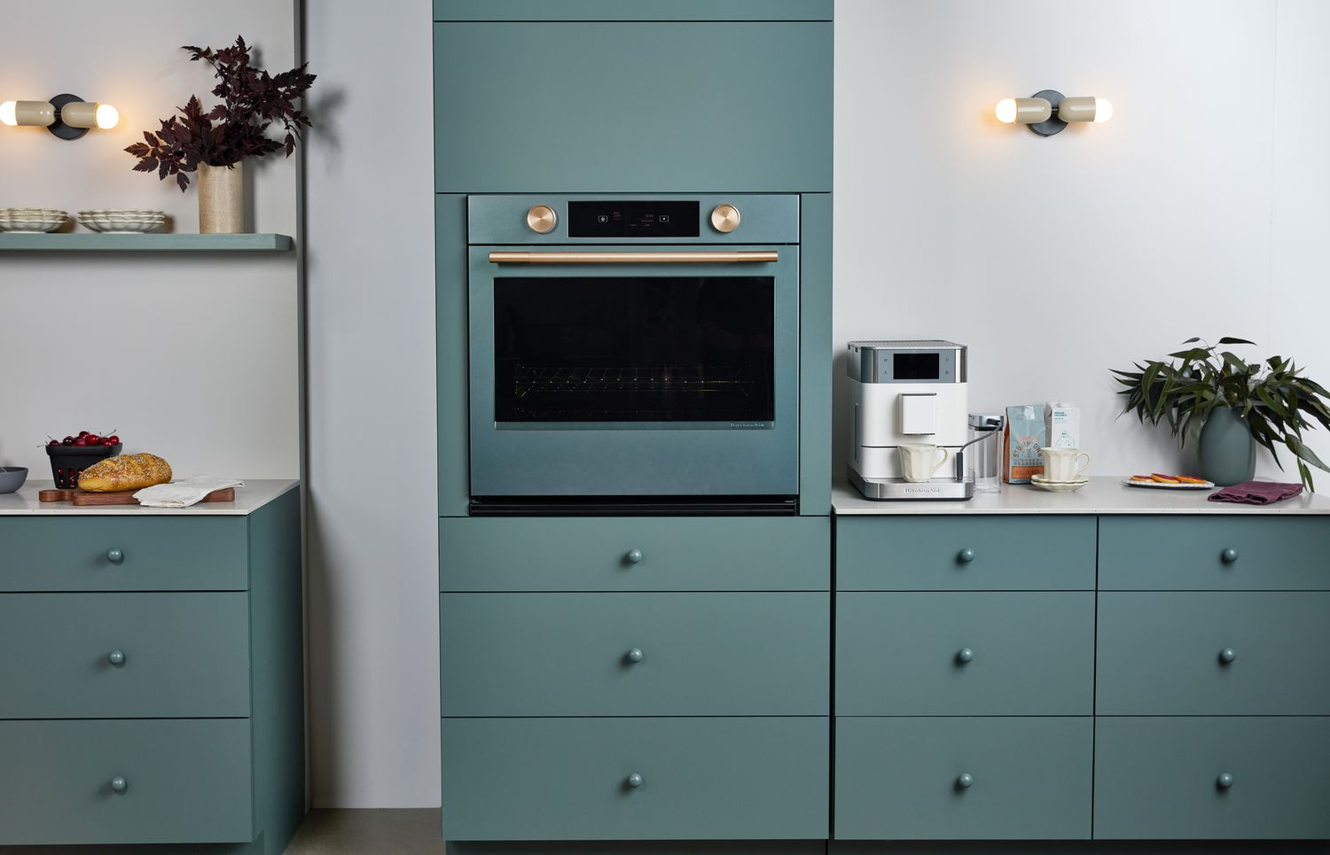 A blue green oven and kitchen