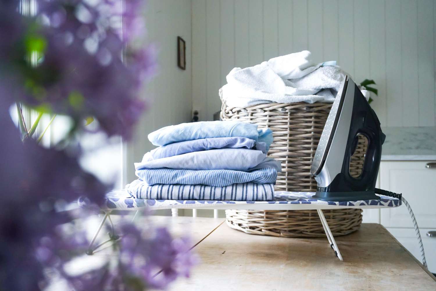 folded laundry and iron