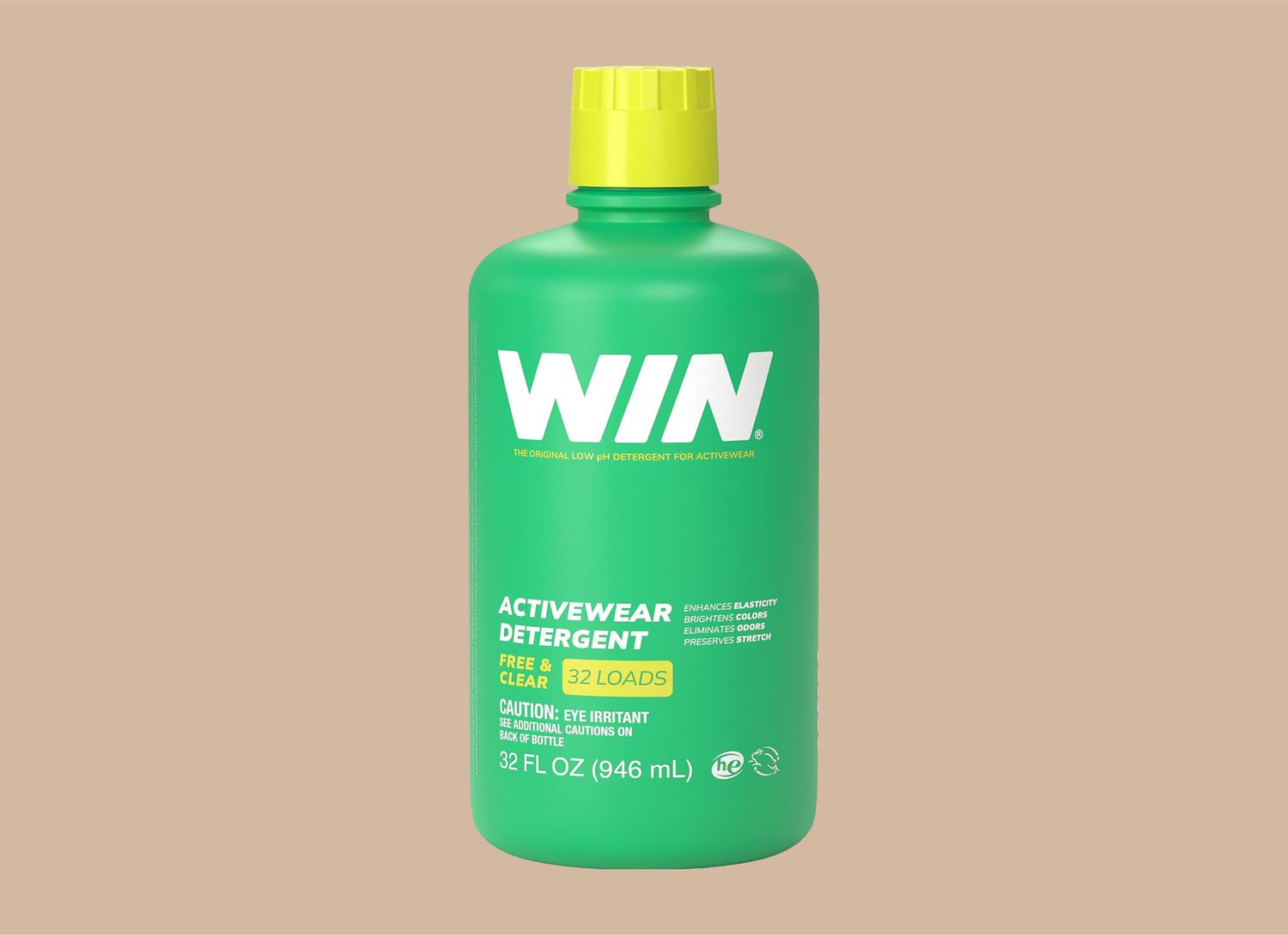 WIN green detergent bottle on a tan background