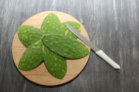 Fresh raw green nopales without bones ready to cook Mexican food