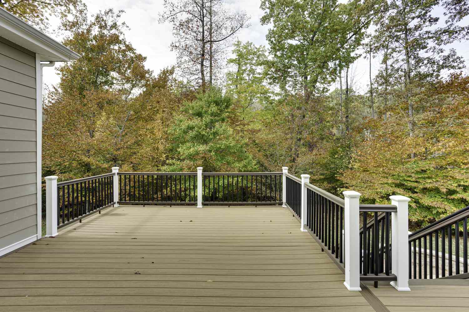An outdoor deck with railing overlooking a wooded area with trees and foliage