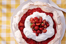 strawberry-lemonade angel pie topped with fresh strawberries