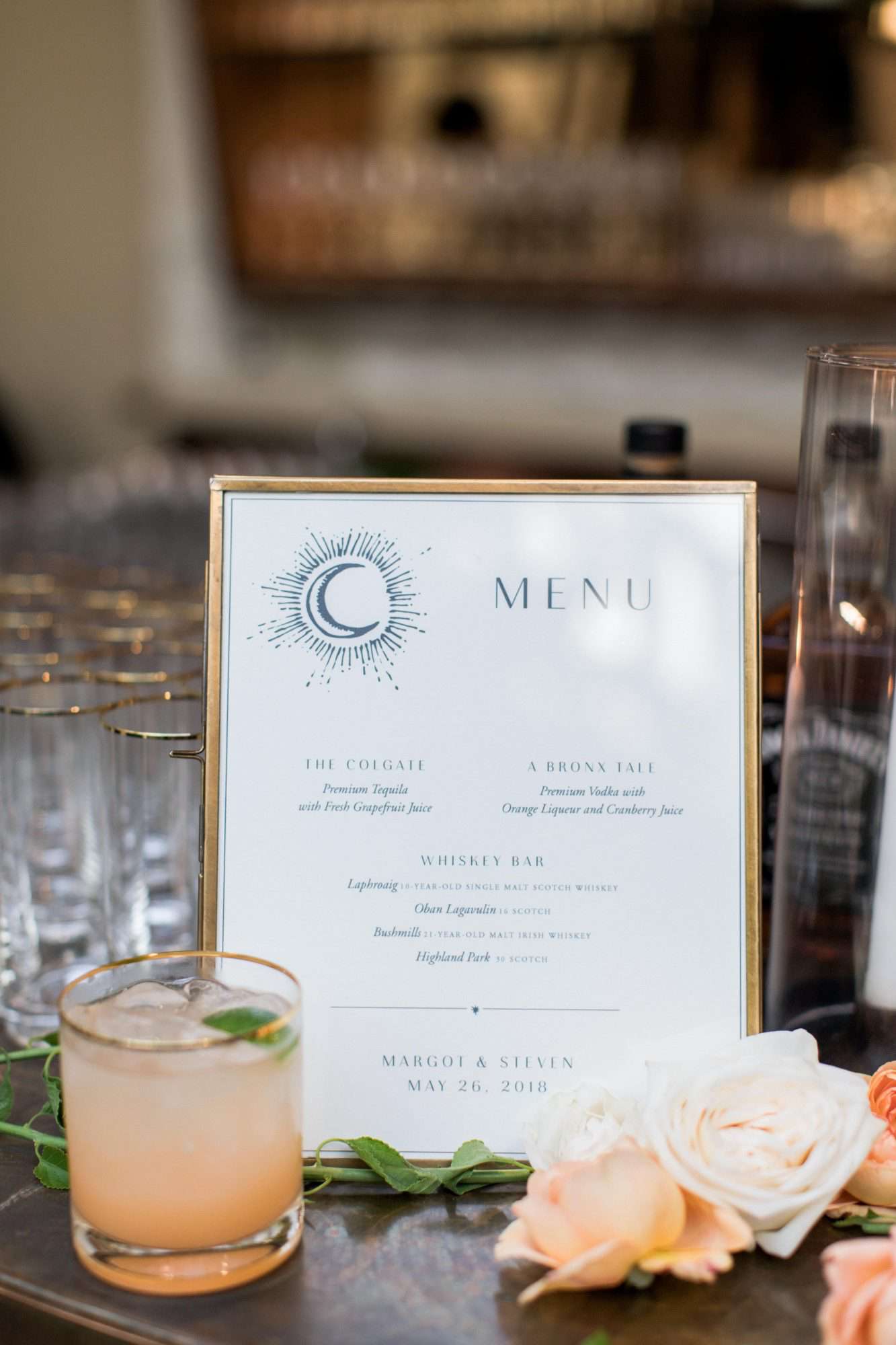 wedding reception menu frame with peach cocktail and roses