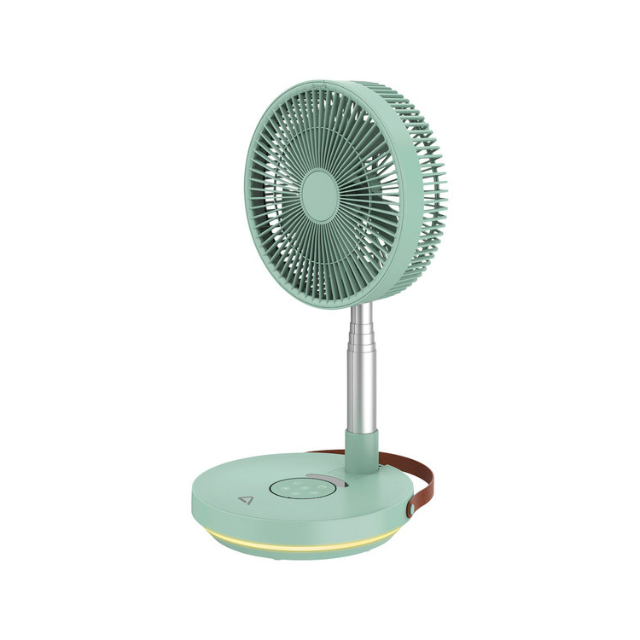 A portable desk fan with a circular base and an adjustable neck