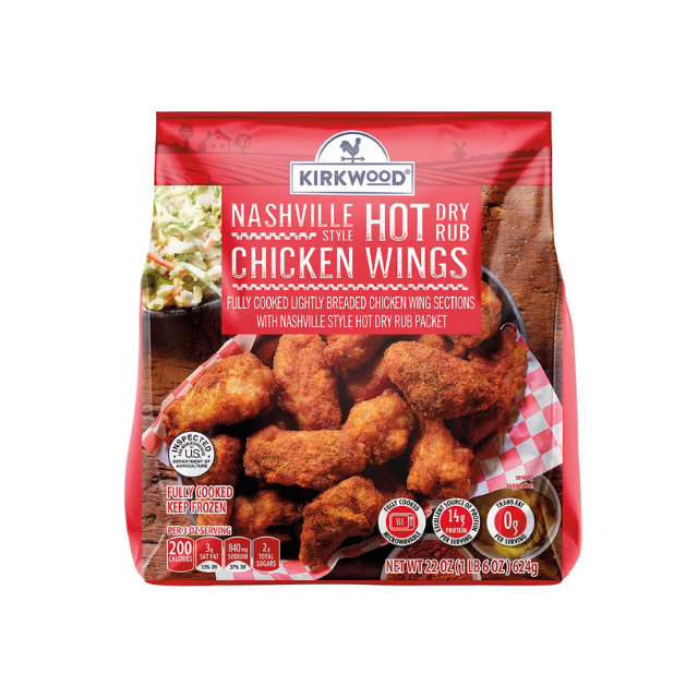 Kirkwood Nashville style hot dry rub chicken wings in packaging ready to cook