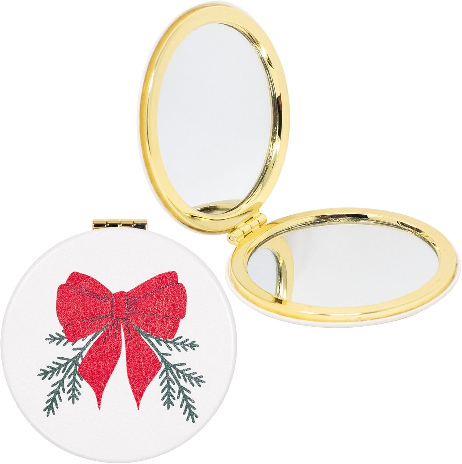 Compact mirror with a holidaythemed design featuring a red bow and green sprigs on the cover