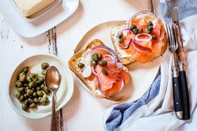 overhead view of capers and salmon toast