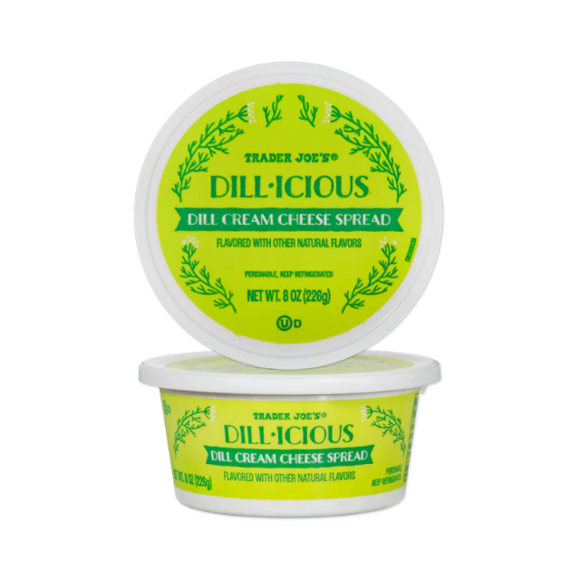 Trader Joes Dill cream cheese spread container labeled Dillicious