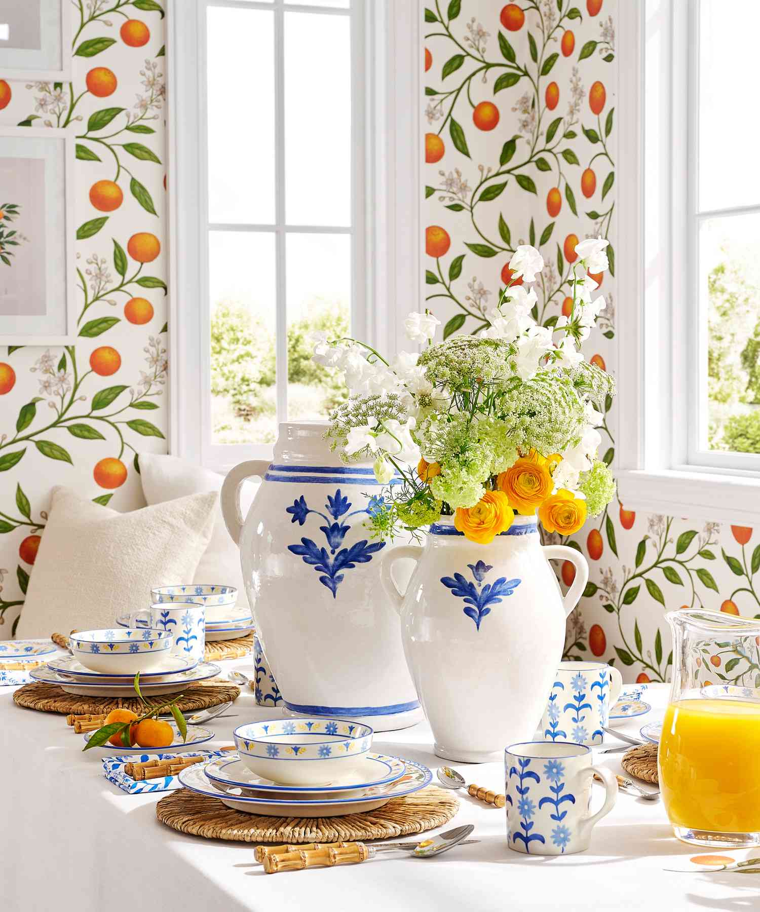 blue and white vase on a table