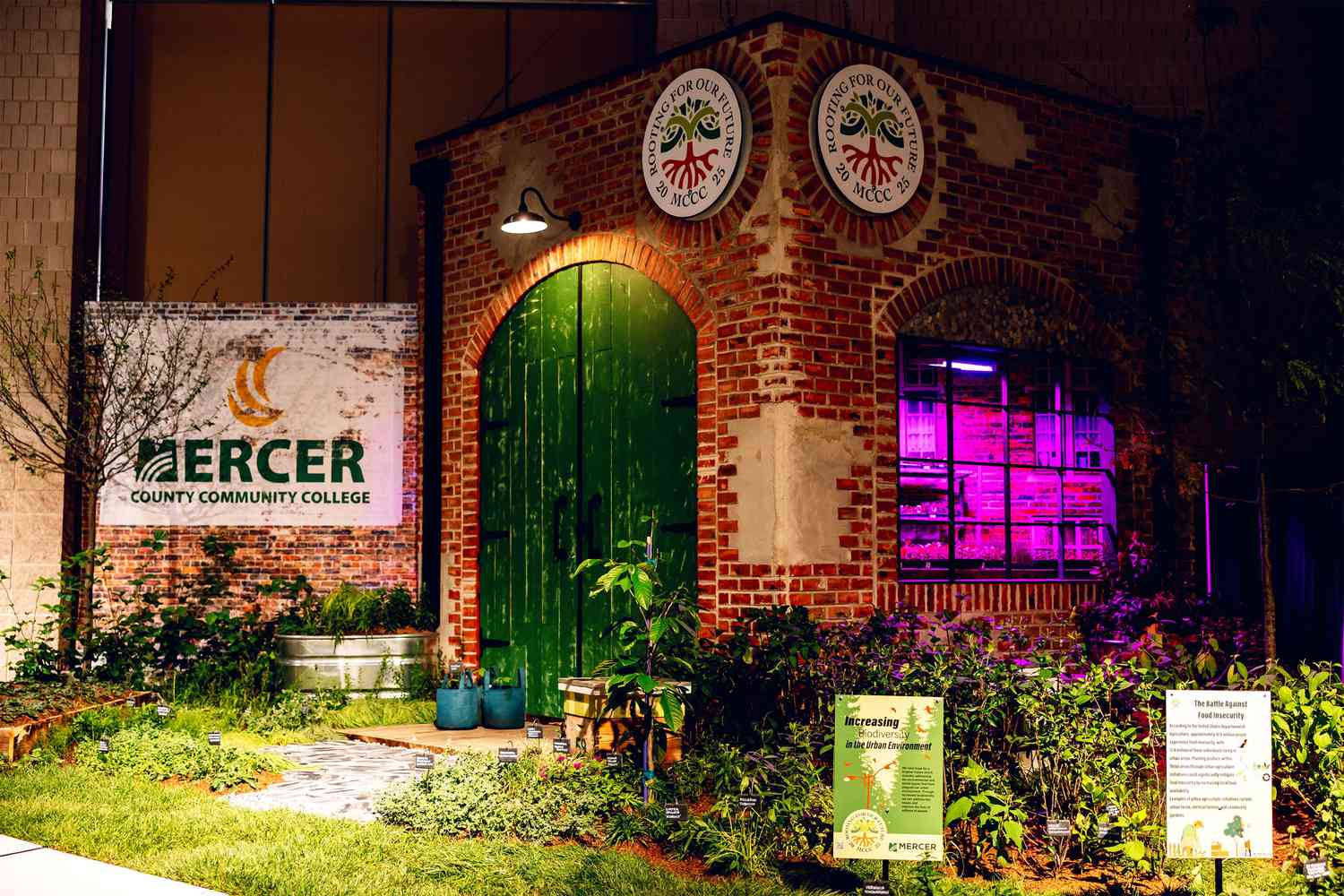 Brick wall surrounded by plants