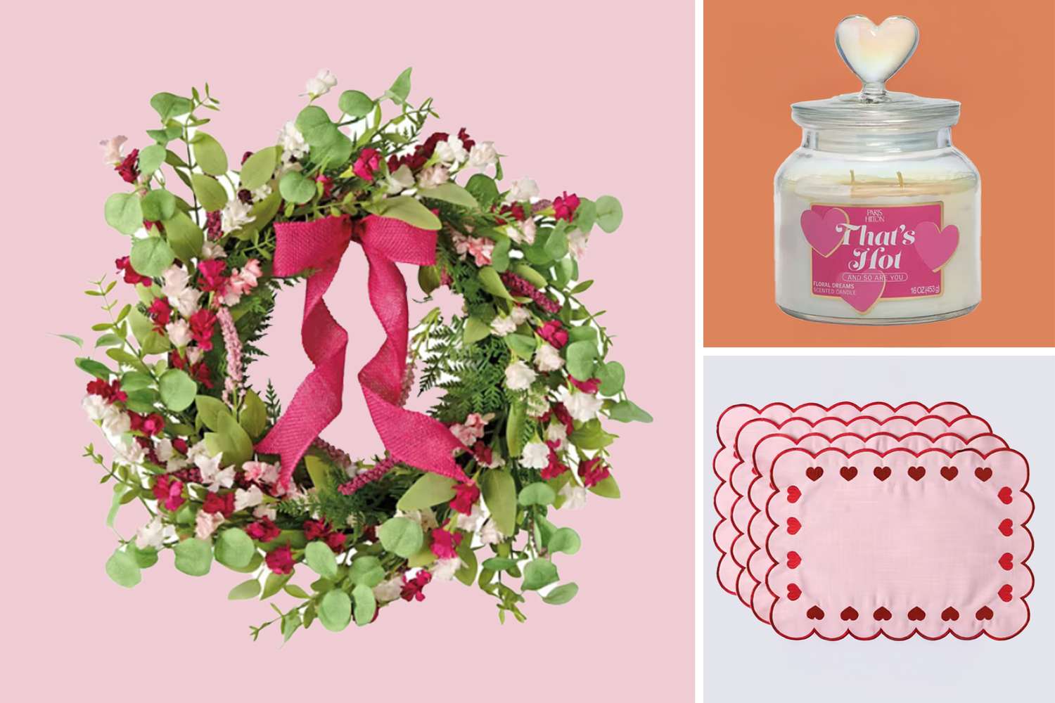 A floral wreath with a ribbon a candle with a heartshaped lid and placemats with scalloped edges arranged in a collage