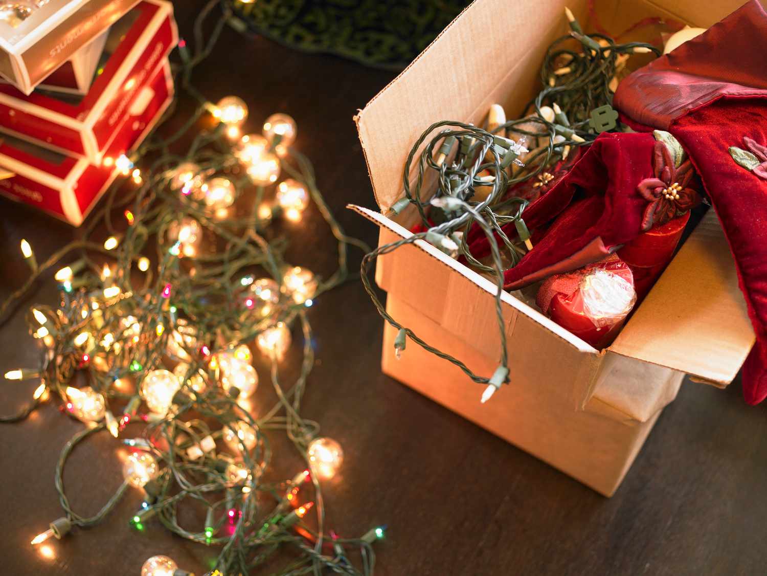 Christmas lights in cardboard box