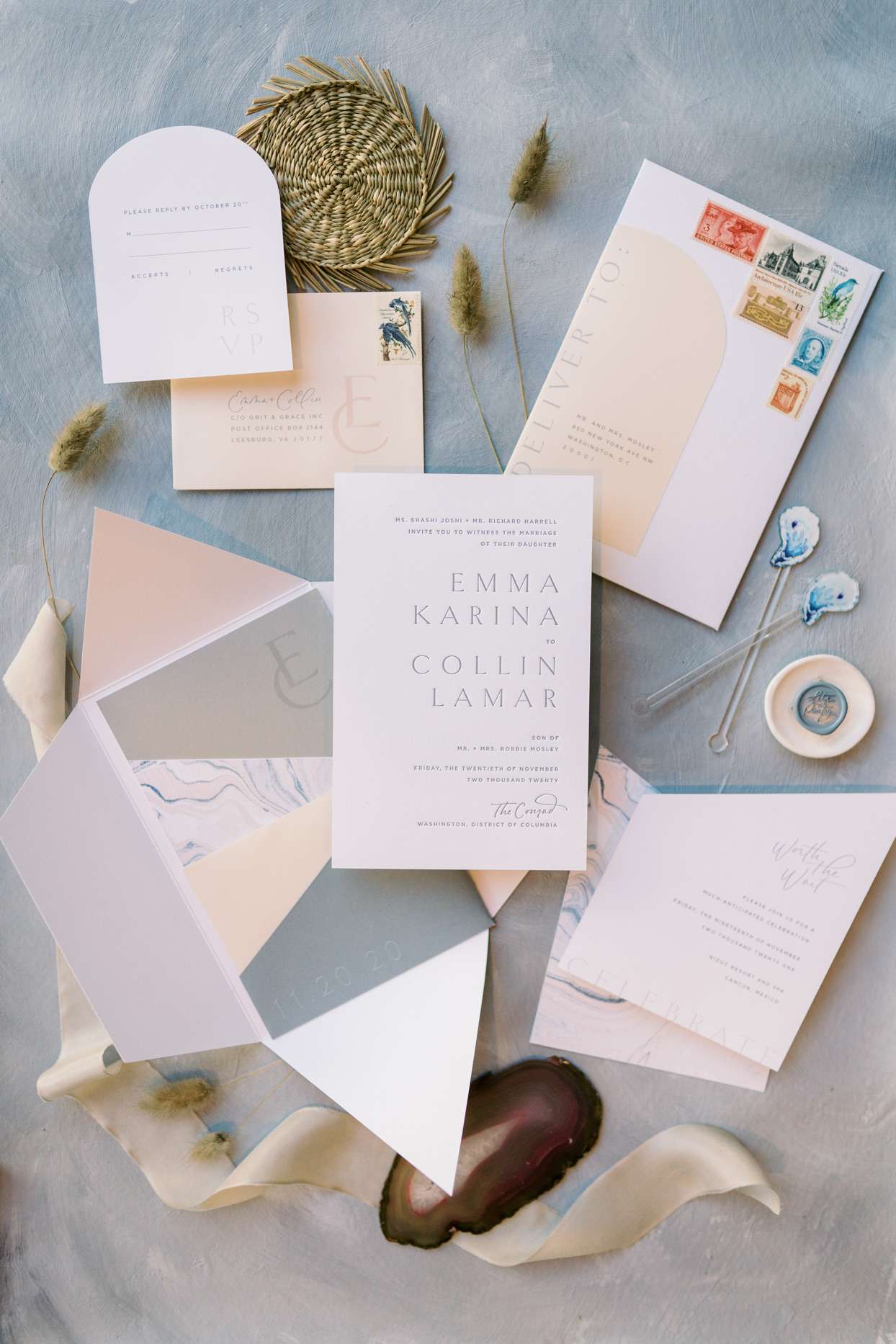 blush and blue toned wedding invites