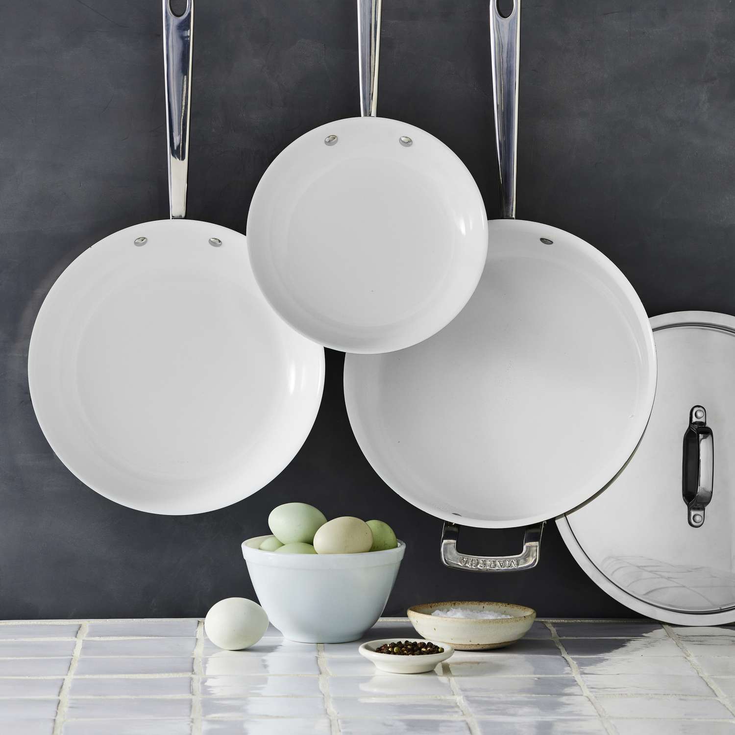 Ceramic non-stick cookware hanging 