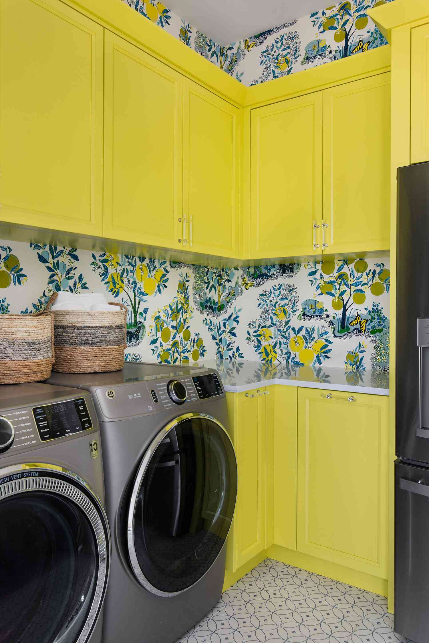 Bright yellow laundry room