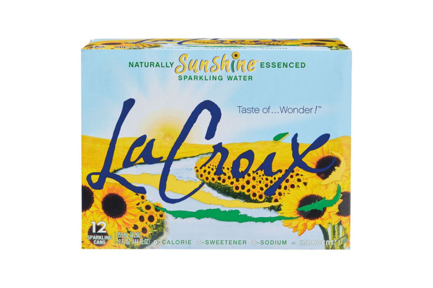 LaCroix Sunshine sparkling water carton with sunflower design