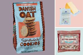 A collage of Trader Joes products including cookies butter and candy