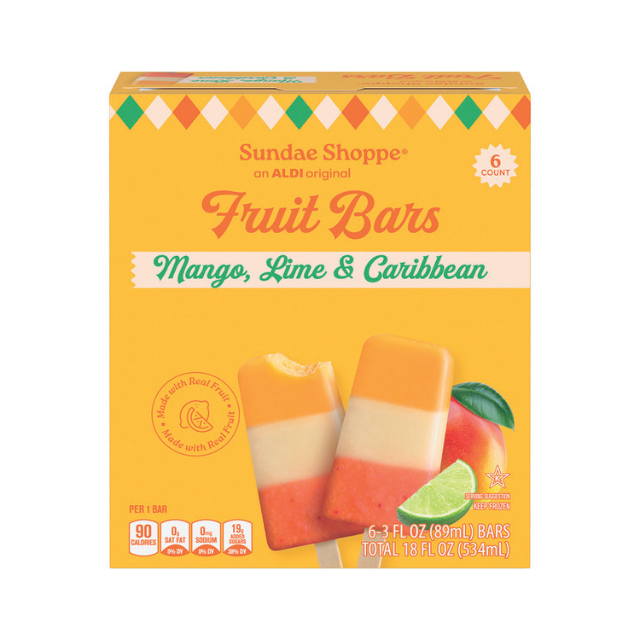 Box of Sundae Shoppe fruit bars mango lime and Caribbean flavors showing two popsicles and flavor details