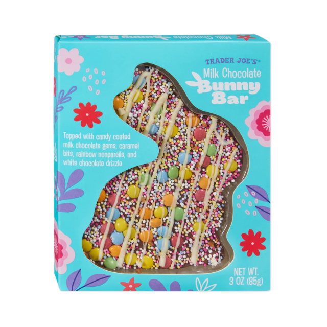 A decorated chocolate bunny bar in colorful packaging