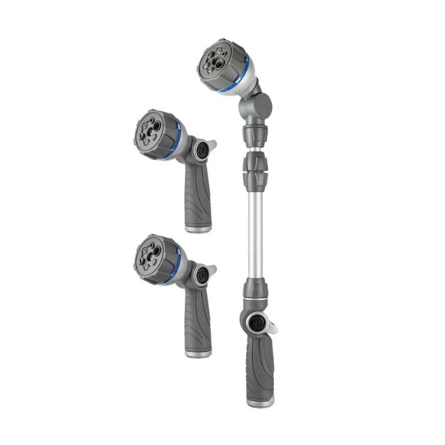 Three adjustable garden hose spray nozzles with ergonomic designs and varied jet settings