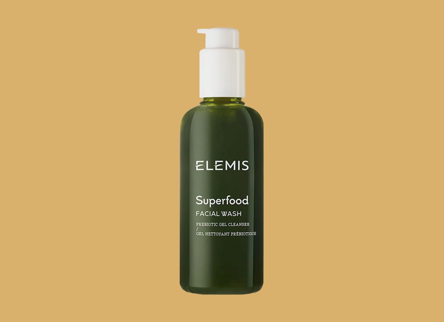 green Elemis superfood facial wash on a yellow background
