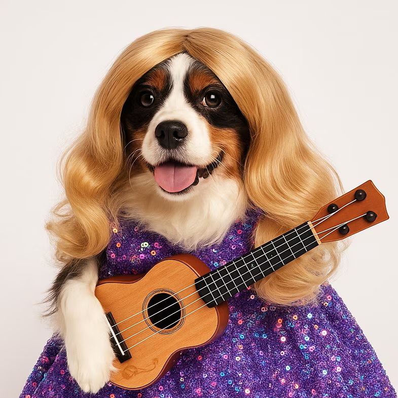A dog with a blonde wig and a ukulele wearing a purple outfit