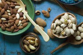 a variety of nuts on a table