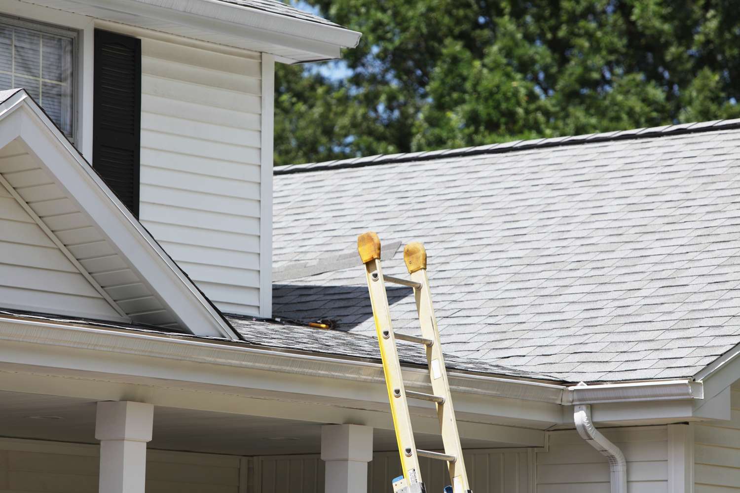 A ladder leaning against the roof of a house