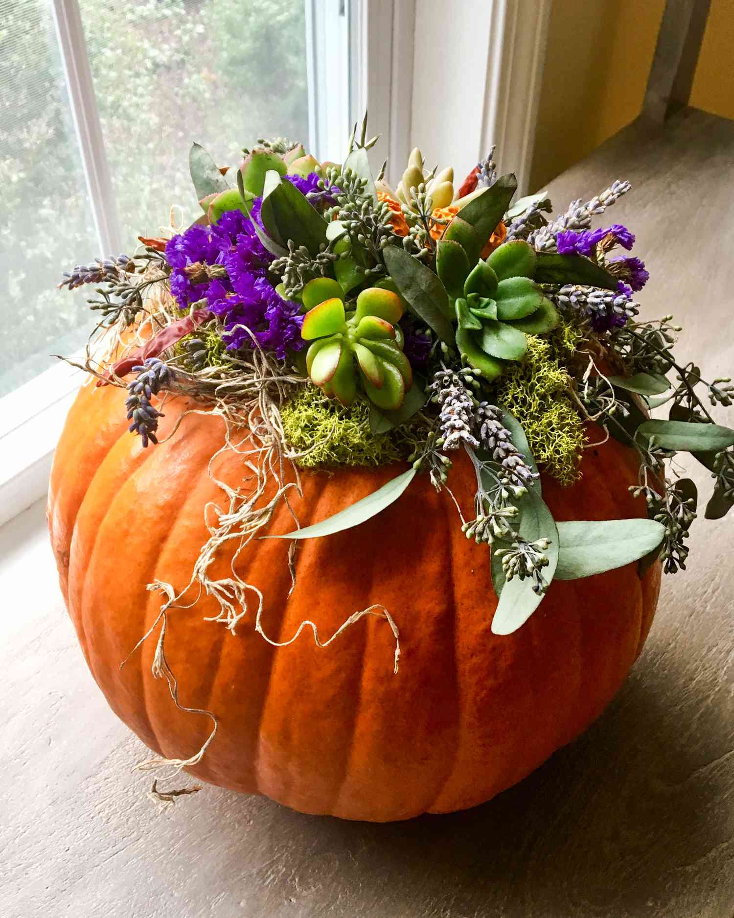 Pumpkin Planter with succulents and flowers