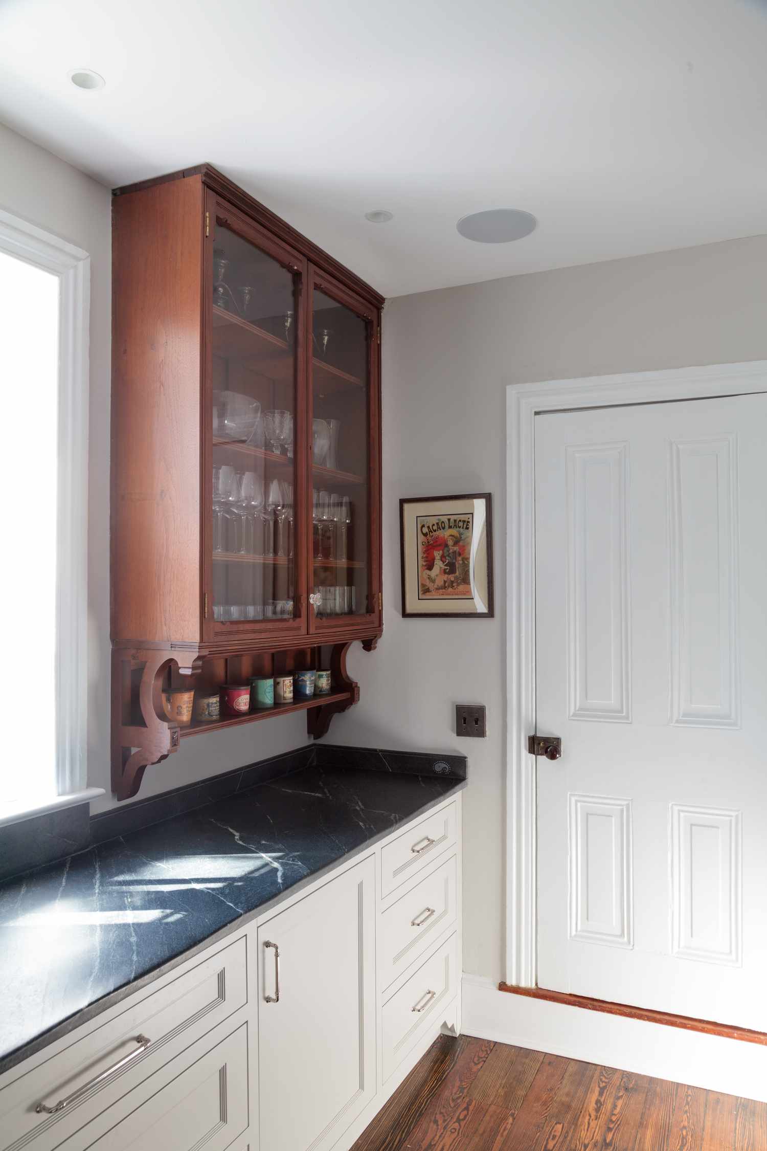 Brown shelf in kitchen 