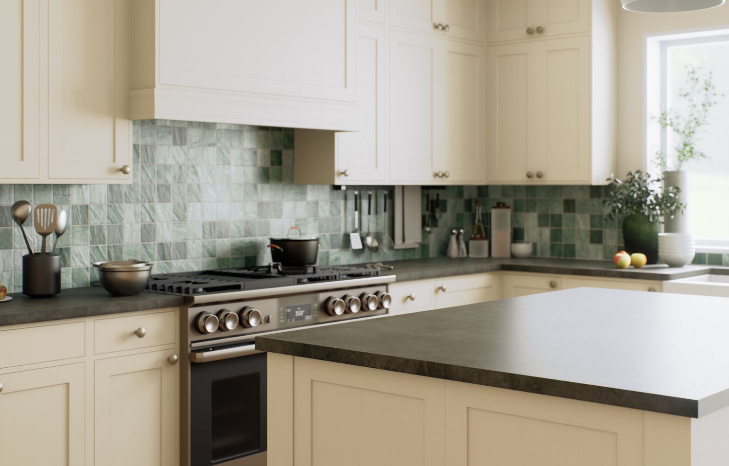 Modern kitchen interior with an island and a tile backsplash