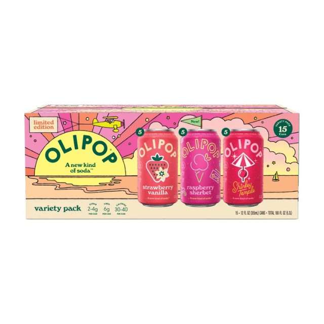Packaging for Olipop soda variety pack showing three flavors strawberry vanilla raspberry sherbet and another flavor