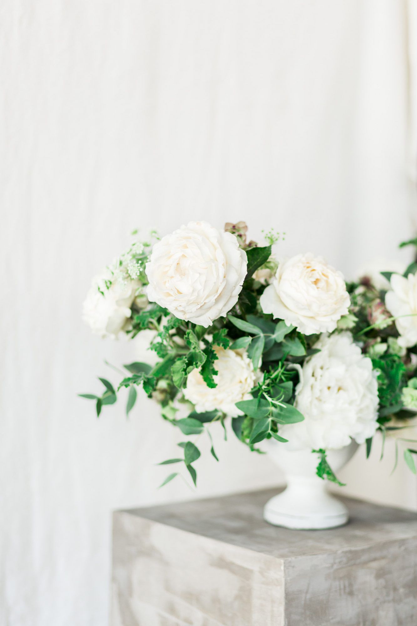 compote centerpieces white flowers against white backdrop